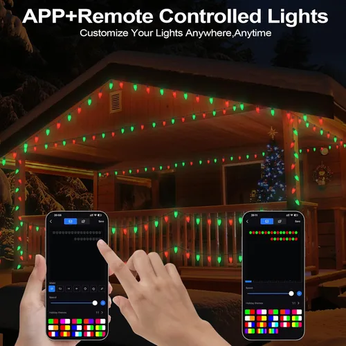 Vista 2 de Luces de Navidad Inteligentes C9 para Exteriores, 66 PIES 100 LED Control Remoto APP Luces de Cadena, Luces de Navidad DIY Persecución, Cambio