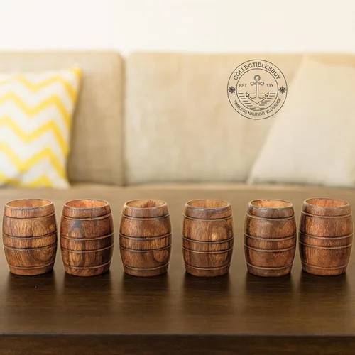 Vista 7 de collectiblesBuy Juego de 6 tazas de madera de mango hechas a mano, con forma de barril rústico, ecológicas, para té, café, cerveza, vino