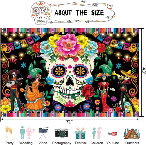 Vista 3 de Pancarta de decoración prémium con el Día de los Muertos, telón de fondo del Día de los Muertos, diseño clásico, tela HQ, impresión HD, perfecto