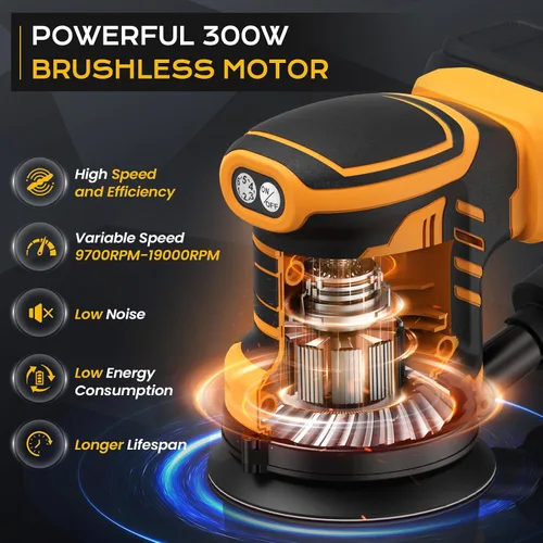 Vista 2 de Lijadora Orbital Aleatoria Inalámbrica Compatible con Dew 20V Max, Lijadora Orbital sin Escobillas de 5 Pulgadas con 19000 RPM 6 Velocidades