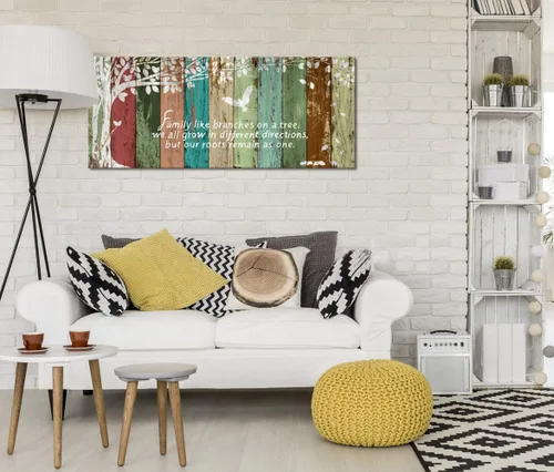Vista 2 de WELMECO Sweet Home - Lienzo decorativo para pared, con cita de árbol genealógico, póster de amor familiar sobre fondo de madera rústica, textura