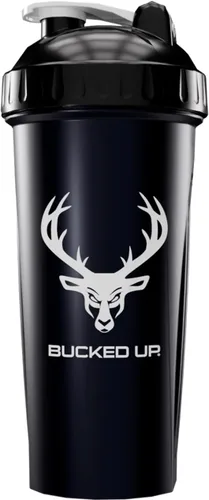 Vista 2 de Botella agitadora para proteínas, pre-entrenamiento y batidos, botella negra con logo gris de Buck (28oz)