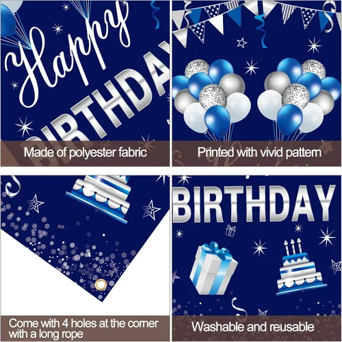 Vista 6 de Turypaty Cartel de feliz cumpleaños azul plateado para puerta para hombres y niños, suministros de fiesta de cumpleaños 16, 21, 30, 40, 50, 60