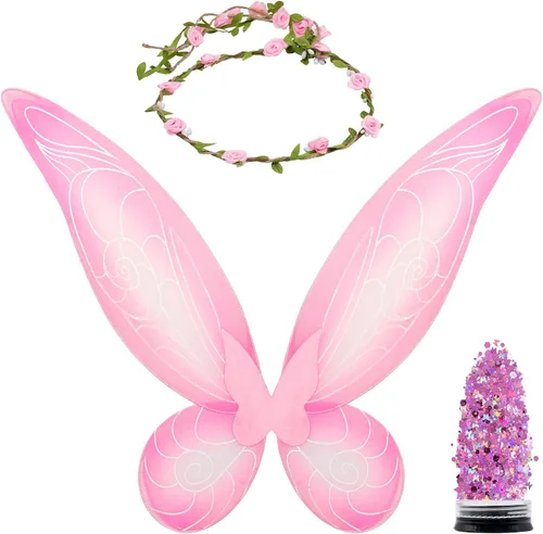 Vista 12 de Funcredible Alas de hada, corona y purpurina, accesorios de disfraz de hada, disfraz de mariposa, disfraces de Halloween para mujer