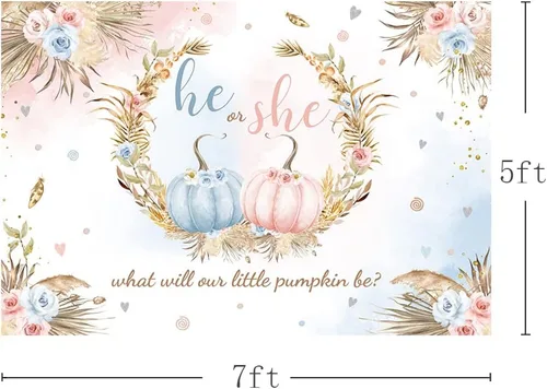 Vista 3 de MEHOFOND Fondo de otoño de 7 x 5 pies, diseño de calabaza pequeña para baby shower, decoración de fiesta con texto en inglés "He or she What Will