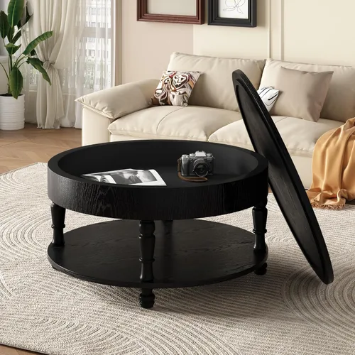 Vista 41 de KEVINSPACE Mesa auxiliar negra con borde dorado en la parte inferior, mesa de centro redonda para espacios pequeños, mesa auxiliar de madera mesita