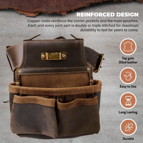 Vista 5 de Trailside - Cinturón de herramientas de cuero genuino para hombres, bolsa para martillos, carpinteros, electricistas, techos, construcción, súper