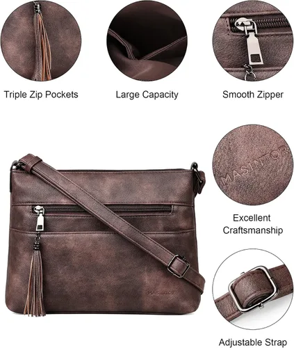 Vista 5 de MASINTOR Bolsos cruzados para mujer, bolso cruzado ligero y mediano, de cuero suave, bolsos de hombro para mujer con borla, café (Vintage Coffee)