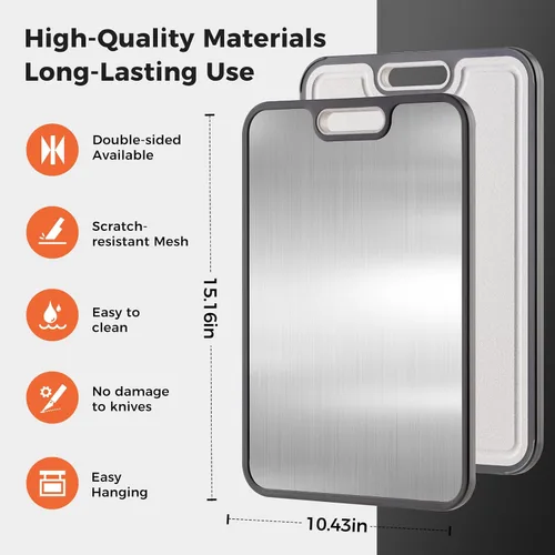 Vista 2 de Tabla de cortar de acero inoxidable para cocina, tabla de cortar de doble cara de grado alimenticio, acero inoxidable 304/paja de trigo PP tabla