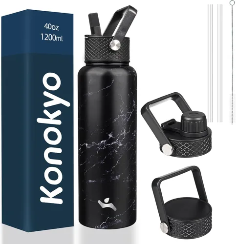 Vista 62 de Konokyo - Botella de agua aislada de 18 onzas, botellas deportivas de acero inoxidable con 3 tapas, verde militar