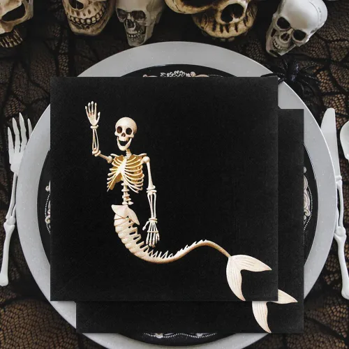 Vista 5 de 60 servilletas de Halloween – Servilletas de papel desechables de 6.5 x 6.5 pulgadas, servilletas negras de esqueleto de sirena para reuniones