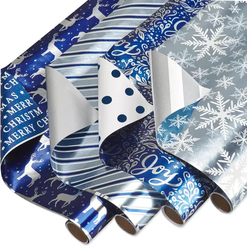 Vista 9 de American Greetings - Rollos de papel de regalo de Navidad de aluminio, envoltura de regalo festiva metálica en amarillo dorado y negro