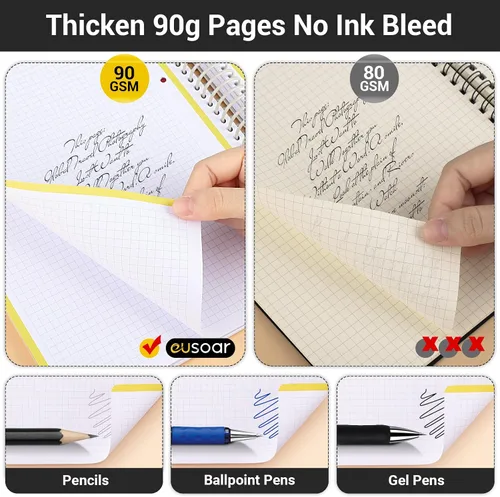 Vista 6 de EUSOAR - Cuaderno en espiral de papel gráfico, tamaño A4 de 9.25" x 11.7", gran cuaderno de 3 asignaturas, cuaderno de diario de tapa dura