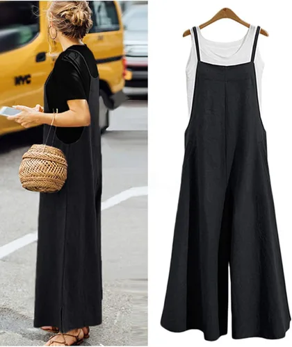 Vista 2 de YESNO Overol suelto de estilo casual para mujer corte amplio de algodón con bolsillos PZZ pantalones largos con pierna ancha