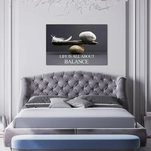 Vista 5 de Biuteawal Arte de pared motivacional zen, impresión en lienzo blanco y negro, piedras de equilibrio con plumas, pintura inspiradora, arte enmarcado
