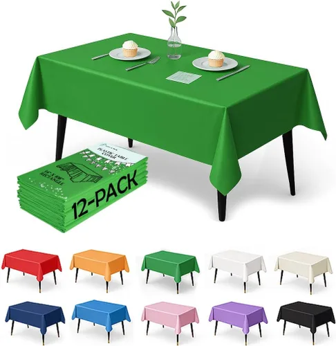 Vista 17 de Paquete de 12 manteles de plástico negro – Cubiertas de mesa desechables de 54 x 108 pulgadas para mesas rectangulares, resistentes y resistentes al