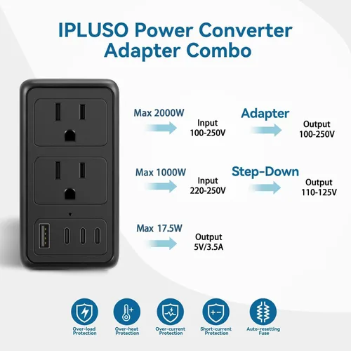Vista 5 de Convertidor de voltaje actualizado de 2000 W, 220 V a 110 V de EE. UU. a Europa, adaptador de convertidor de corriente combinado para secador