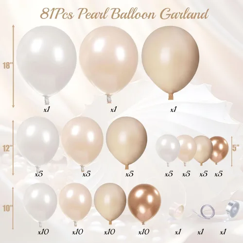 Vista 2 de Arco de globos de doble relleno de color blanco perla, guirnalda de globos metálicos de champán, kit de arco de globos neutros, color nude, bobo