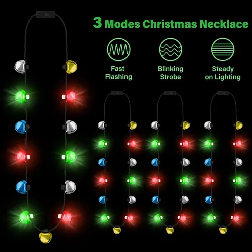 Vista 3 de EOBOH Collar de Luces de Navidad, 3 Piezas Collares de Navidad con Campanas que se Iluminan, Collares de Cascabeles de Navidad para Mujeres