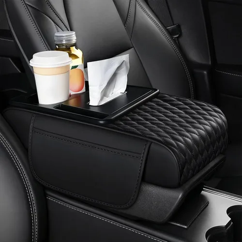 Vista 6 de Funda para consola central de coche, de cuero de microfibra con 2 portavasos, accesorios interiores universales para automóvil, negro