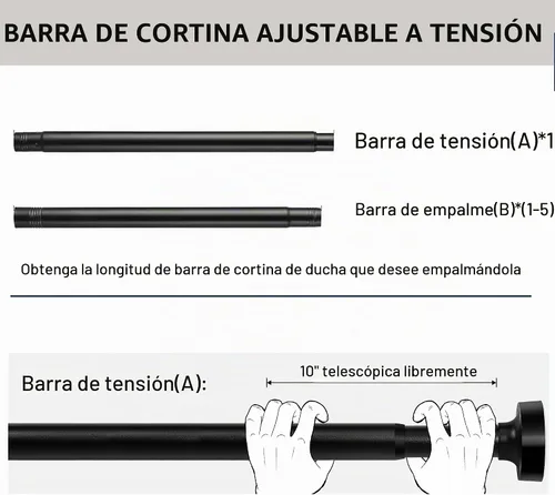 Vista 4 de Barra de cortina de ducha de tensión de resorte ajustable negro mate de 31 a 58 pulgadas, no requiere taladrar, fácil instalación, base de ABS