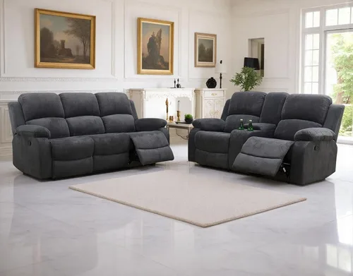 Vista 50 de Sofá reclinable manual moderno, sofá reclinable de cuero de 3 plazas, sofá reclinable de sala de estar, sofá con portavasos y mesa abatible