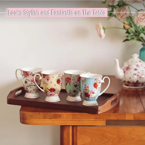 Vista 4 de BTT- Tazas de café grandes, 12 onzas, juego de 4, tazas florales para tazas de café, porcelana de porcelana, taza de té