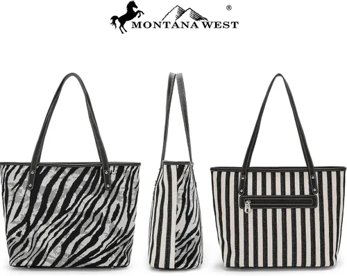 Vista 3 de Montana West Bolsa de lona occidental con patrón de moda para mujer, bolsa de hombro grande
