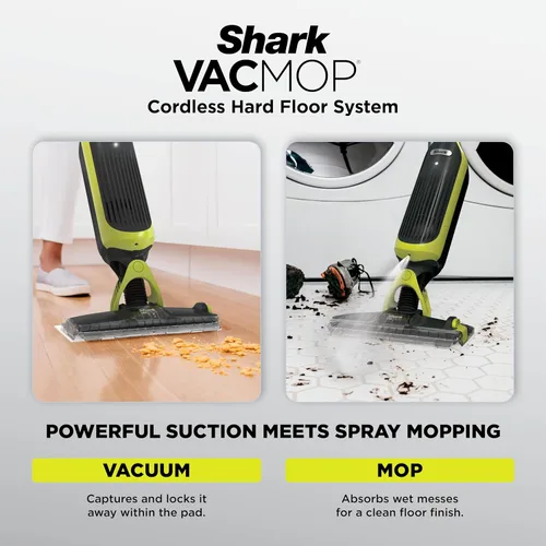 Vista 2 de Shark VACMOP - Trapeador de vacío inalámbrico para suelos duros, incluye 2 almohadillas VACMOP desechables y una solución VACMOP de 12 onzas, gris
