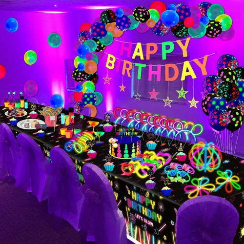 Vista 2 de Paquete de 259 suministros para fiestas con temática brillante, decoración de fiesta de cumpleaños, globos, palos, gafas y diadema