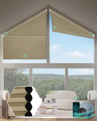 Vista 9 de Yoolax Persianas celulares inteligentes, persianas trapezoidales motorizadas derechas, persianas motorizadas con control remoto compatibles