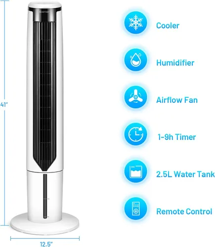 Vista 6 de COSTWAY Enfriador de aire evaporativo portátil para habitación, enfriador de 41 pulgadas con control remoto, enfriador oscilante de 70° con 4