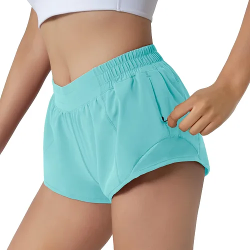 Vista 2 de Aurefin Pantalones cortos para correr para mujer de secado rápido ligeros con bolsillo con cremallera