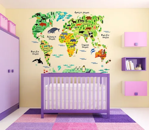Vista 5 de Calcomanías de pared de mapa del mundo de animales para dormitorio y sala de estar
