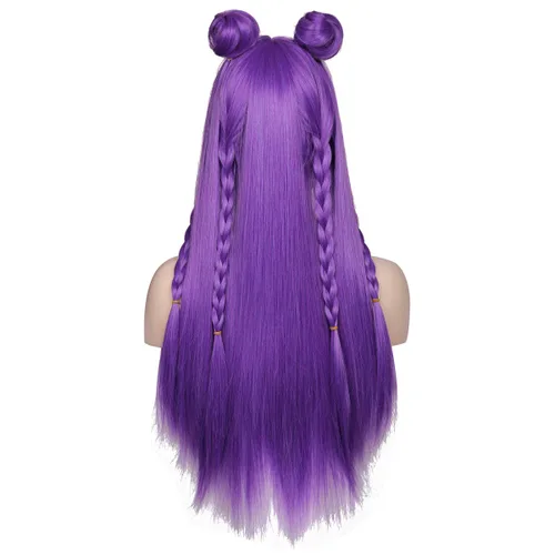 Vista 3 de ColorGround Peluca larga y recta trenzada morada con dos moños para cosplay y contras