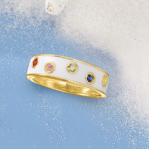 Vista 4 de Ross-Simons Anillo de zafiro multicolor y esmalte blanco de 0,20 qt en oro de 18 quilates sobre plata esterlina, Gema, Zafiro