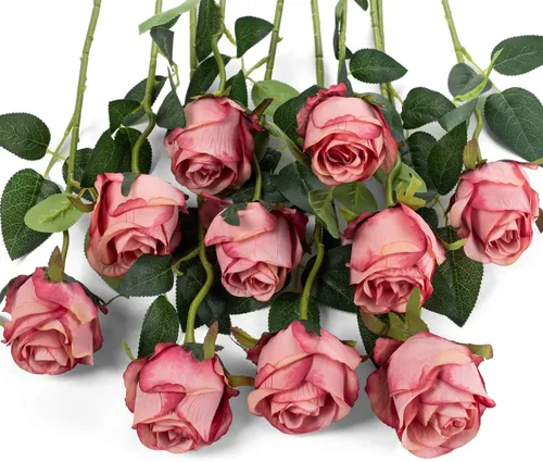 Vista 19 de 10 rosas artificiales de tallo largo, rosas de seda falsas para bricolaje, ramo de boda, mesa, centro de mesa, decoración del hogar (negro)