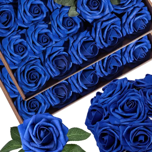 Vista 32 de 25 piezas Flores Artificiales de Espuma Rosas Falsas con Tallos 8 Hojas Rosas Sintéticas de Aspecto Real para Ramos de Boda Centros de Mesa de Negro