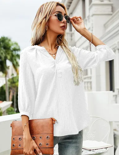 Vista 2 de LOMON - Blusas informales de manga 34, con cuello henley en v y botones, de plumetí con pliegues en la espalda para mujer, tallas de la S a la XXL