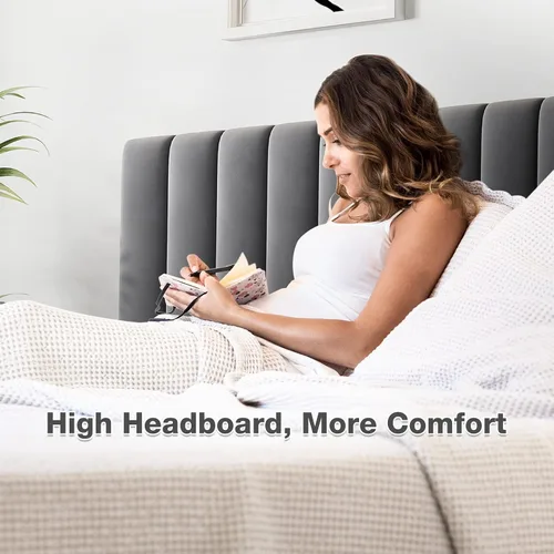 Vista 5 de IDEALHOUSE Base de cama de tamaño matrimonial con cabecera ajustable, plataforma tapizada de terciopelo con soporte de listones de madera,