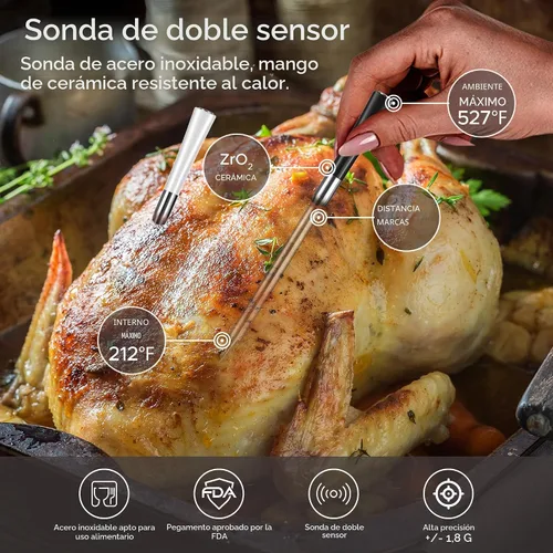 Vista 3 de Termómetro inalámbrico de carne de 750 pies de largo alcance para ahumador, barbacoa y asador, 2 sondas, termómetro inteligente Bluetooth con sensor