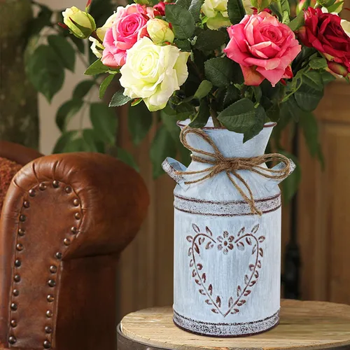Vista 8 de Jarrón rústico Shabby Chic para flor, acabado galvanizado con asa, jarrón vintage de granja para centros de mesa con forro de agua de 7.7 pulgadas