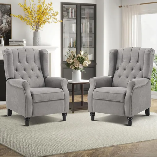 Vista 9 de 2 Sillas Reclinables Pushback, Sillones de Tela con Respaldo Reclinable y Decoración de Remaches, Sofá Individual Silla de Acento para Sala de Beige