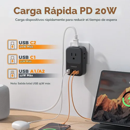 Vista 2 de TESSAN Bloque de cargador USB C 20W PD, adaptador de carga rápida con enchufe plegable Negro