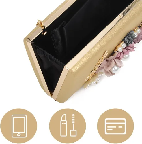 Vista 7 de Bolso de mano floral para mujer, bolso de noche con flores, para novia, boda, baile de graduación, bolsos de hombro para mujer, Oro