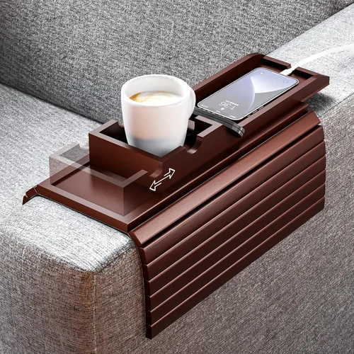 Vista 14 de Bestjing Bandeja de bambú para portavasos de sofá – 2 en 1 con soporte doble desmontable Be Slide-Away – Sofá sillón Caddy para beber aperitivos