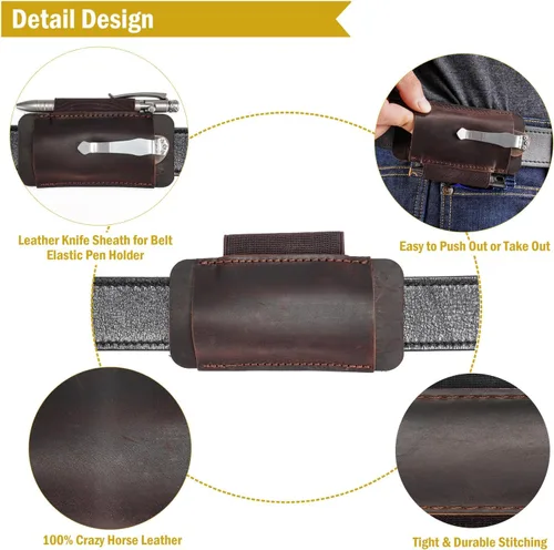 Vista 4 de Funda de cuchillo de cuero VIPERADE PJ33 para cinturón, funda de navaja de bolsillo horizontal con soporte elástico para bolígrafos, funda de Marrón