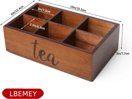 Vista 3 de LBEMEY - Organizador de bolsas de té, recipientes de almacenamiento de té de madera con 6 compartimentos, soporte para paquetes de azúcar, caja