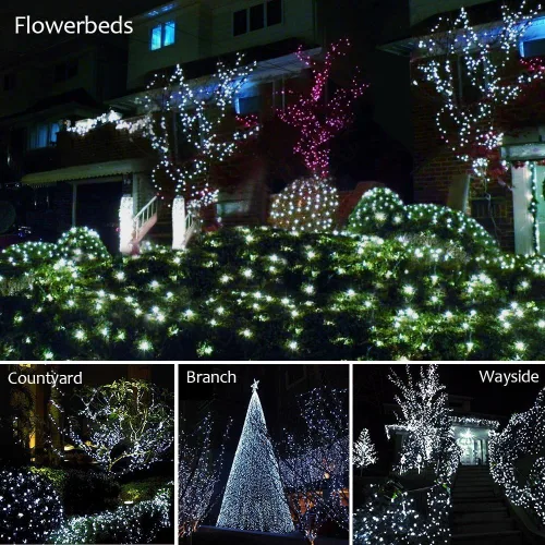 Vista 4 de Serie de luces brillantes de 33 pies, 100 focos LED con controlador para árbol de Navidad, jardín, patio, multi-cable color blanco o multicolor