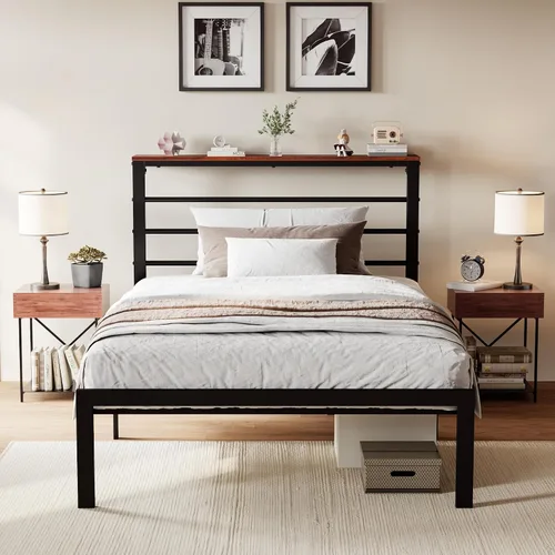 Vista 8 de SHA CERLIN Marco de cama tamaño twin con estante de cabecera y base de metal resistente, no necesita somier, marrón